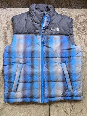 The North Face Kids Black Jacket Puffy Vest with Blue Plaid Panel